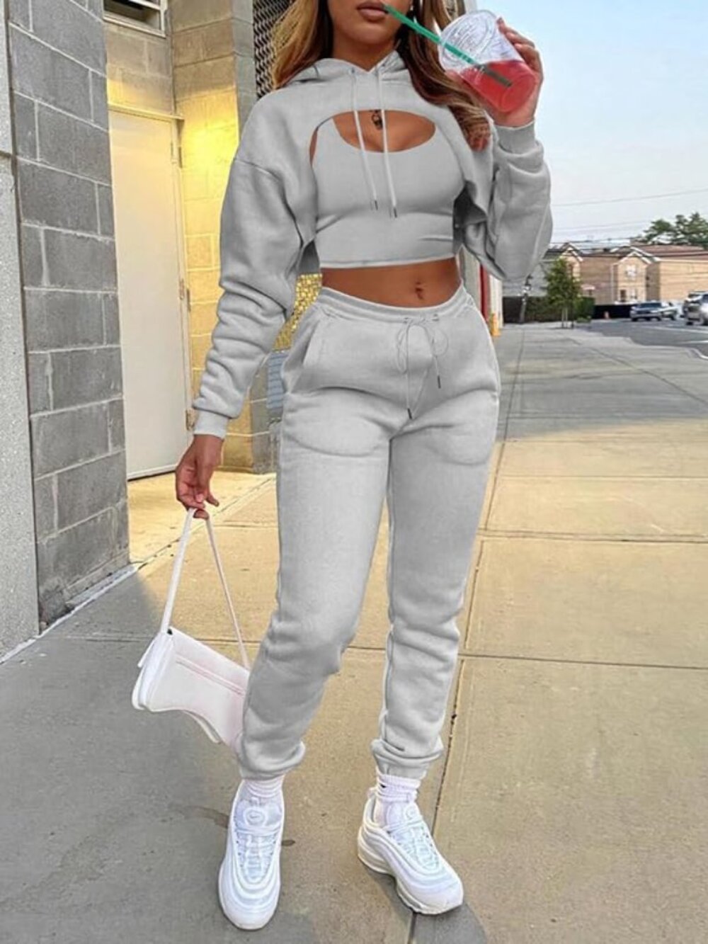 Women's 3pc Light Gray Drawstring Jogger Pants set